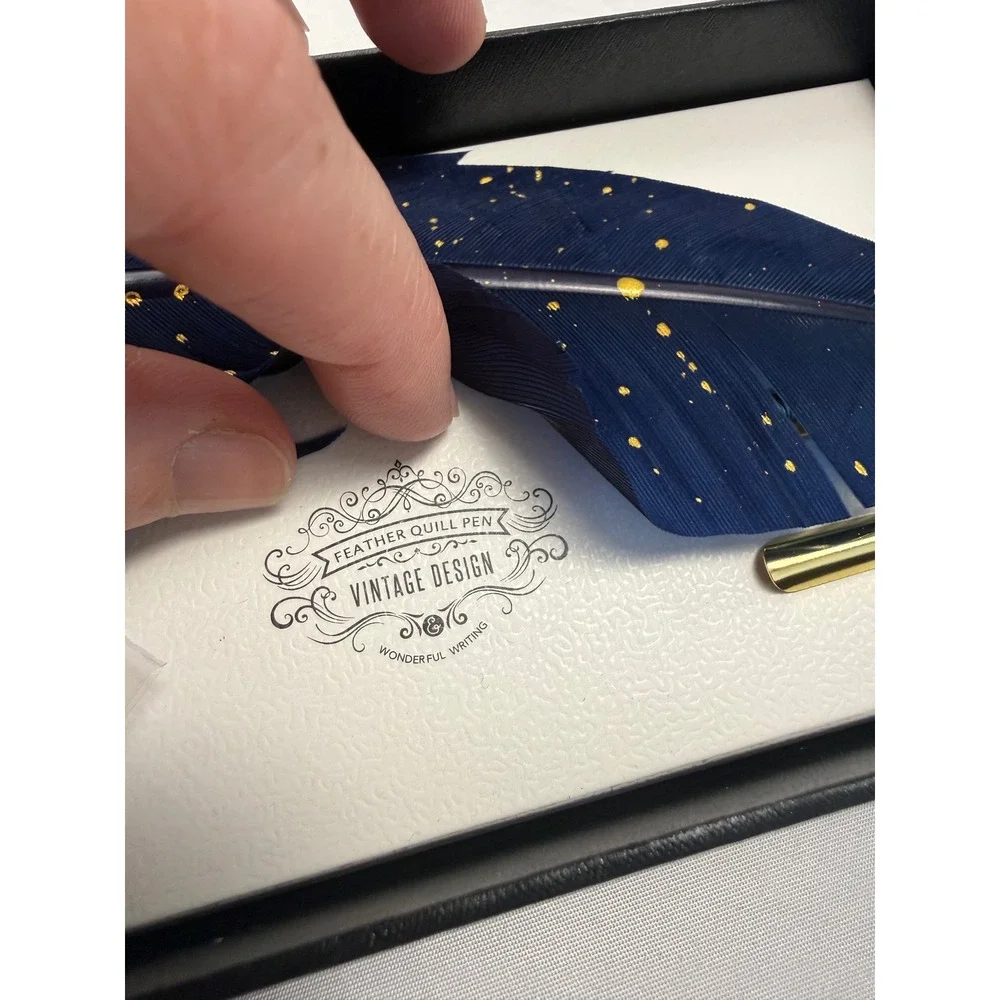 Vintage Design Feather Quill Pen Ink Set Navy Blue Gold Speckle Calligraphy Kit